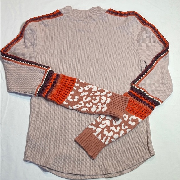 Free People Cream and Orange Cowl Neck Sweater with Geometric Pattern - Picture 8 of 12